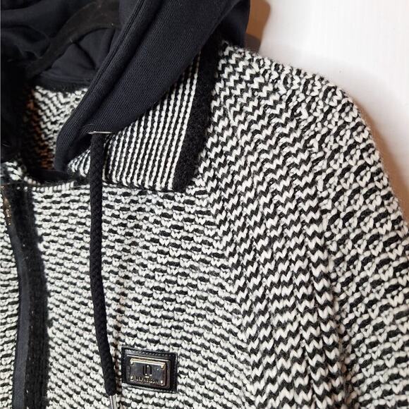 Leif Nelson Mens Sweater Jacket Large Removable Hood Full Zip Black White Collar - Picture 7 of 12